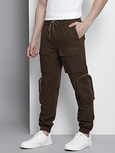 Image of The Indian Garage Co Men Regular Fit Solid Mid-Rise Elasticated Cuffed Cargo Joggers