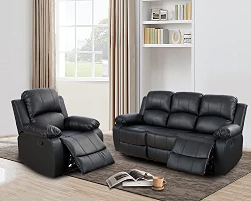 Plithzy Leather Recliner Sofa Set, Living Room Furniture Set, Leather Reclining Sofa Recliner Couch Set for Office Home (Sofa and Chair Set, Black)