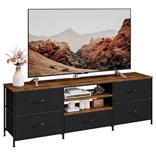Forthcan TV Stand Cabinet, TV Unit TV Console Table with 5 Drawers Storage Organizers, Entertainment Center with Open Shelf for Living Room, Bedroom (Black)