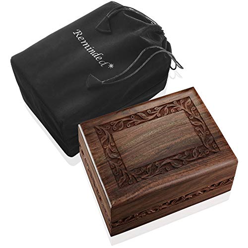 Reminded Rosewood Hand-Carved Urn Box Cremation Memorial with Velvet Bag - Medium