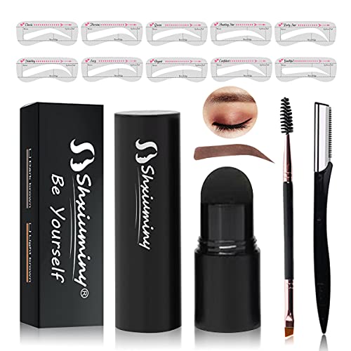 Shxiuminy 13PCS Eyebrow Stamp Stencil Kit, Brow Definer Powder Stamp Professional Eyebrow Powder Stamp Makeup Eyebrow Definer 10 Styles Stencil 1 Eyebrow Pen Brushes 1Eyebrow Trimmer (A)