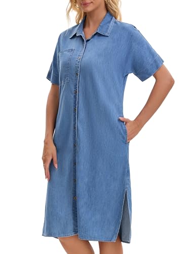 Image of Women's Midi Denim Dress Summer Short Sleeve Button Down Casual Loose Long Tunic Jean Shirt Dress