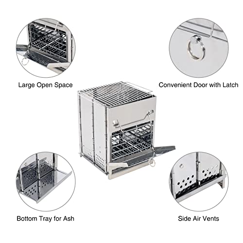 Lineslife Folding Wood Burning Camping Stove, Stainless Steel Portable Wood Stove Backpacking With Grill And Carry Bag For Outdoor Cooking, Silver #TOP2