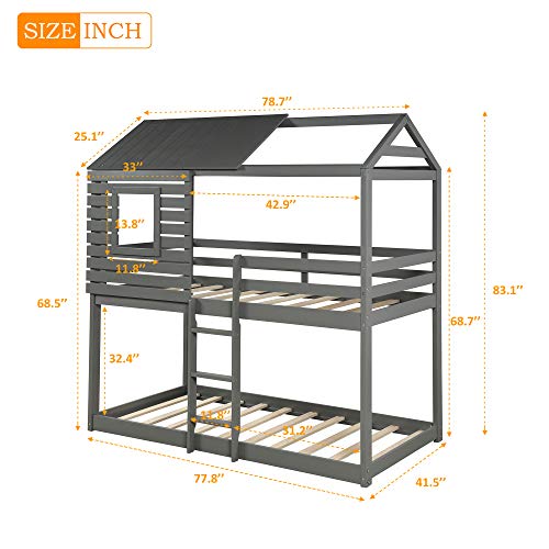 House Bunk beds,Twin Over Twin Bunk Beds with Roof and Guard Rail Ladder for Kids,Toddlers,Wood Loft Bed,No Box Spring Needed (Gray)
