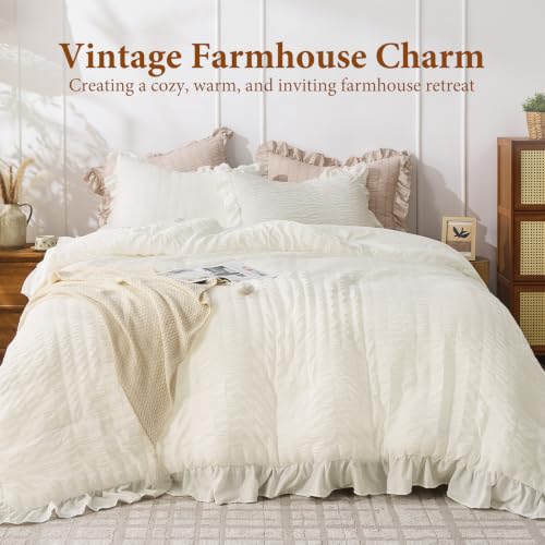 Image of JOLLYVOGUE Cream Queen Comforter Set,3pcs Seersucker Comforters Queen Size