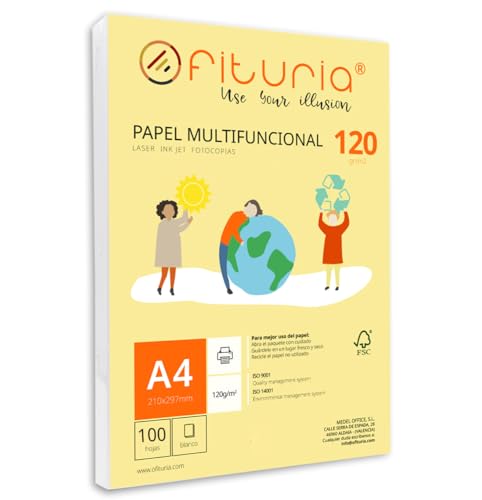 Packung mit 100 weißen DIN A4 Blättern, 120g Druckerpapier. Multifunktionales Kopierpapier für Schule und Büro. Ideal für Laserdrucker, Tintenstrahldrucker oder Kopierer – Ofituria