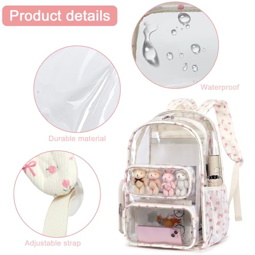 Image of BTOOP Clear Backpack Heavy Duty Transparent Backpack 17 inch See Through Bookbag for College Work Festival Security Padded Strap (pink bow floral)