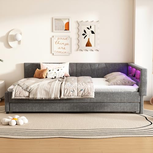 RIAZOS Polsterbett Schlafsofa 140x200, Doppelbett mit Ausziehbett, Daybett mit LED Staufach, Tagesbett mit USB Typ C Ladefunktion, Jugendbett Kinderbett Gästebett, Leinen, ohne Matratze, Grau