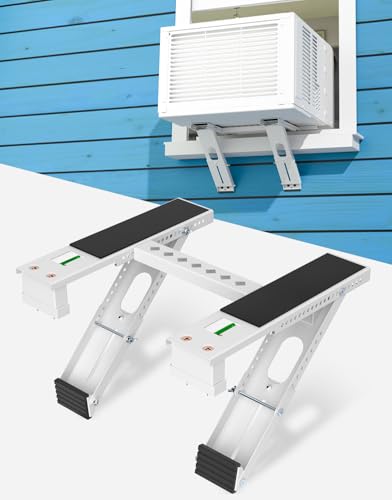 Plusluck Window Air Conditioner Support Bracket: Heavy Duty Window AC Bracket with 2 Arms, Up to 220 lbs - Universal Fit 5,000 to 24,000 BTU Window Units - Adjustable Crossbar Level Non-Slip Mat