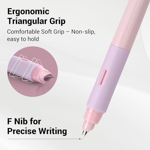 Image of WRITECH Fountain Pen Soft Grip: Fine Nib Black Ink Pen with 3 Ink Cartridges and 1 Replacement Nib Set Smooth Writing for Journaling Calligraphy Gift (Pink)