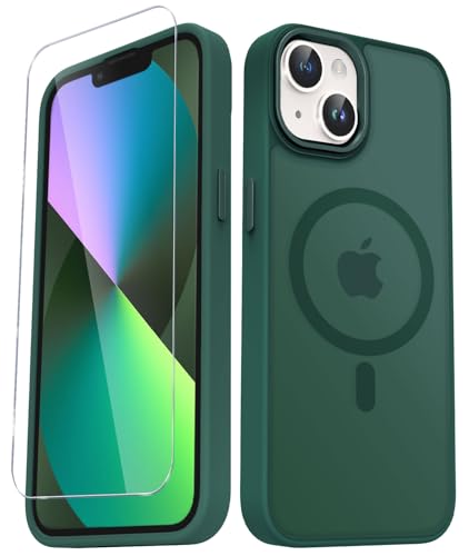 Image of YENAPOON for iPhone 15 Plus Case, Matte Magnetic Phone Case, Dark Green | Fit for Magsafe, Screen Protector Included, Translucent Frosted Slim Shockproof Protective Cover