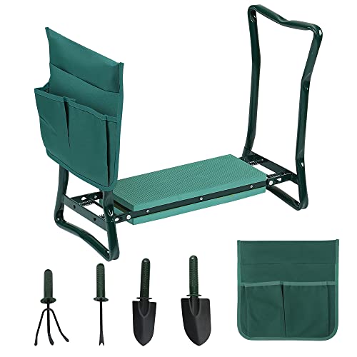 Jiubiaz Banc de jardin pliable avec tapis en mousse EVA épais, tabouret de jardin avec sac de travail pliable, charge maximale 150 kg pour le jardinage avec 4 outils de jardinage Cover