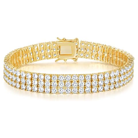GEMSME Gold Bracelets for Men and Women 18K Yellow Gold Plated 3 Row Round Cubic Zirconia Classic Tennis Bracelet Size 6.5/7/7.5/8/8.5 Inch, 7.5 Inch, Brass, Cubic Zirconia Cover
