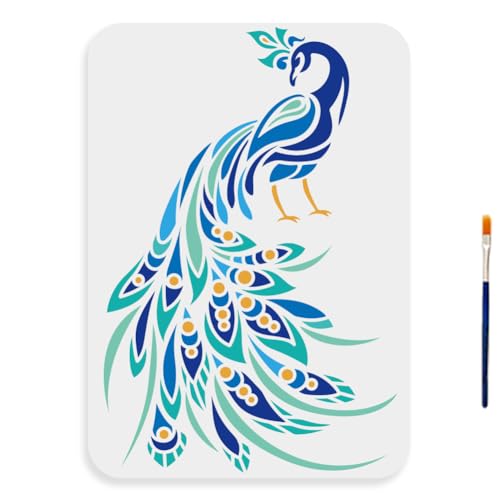MAYJOYDIY Pochoir de Paon 29.7 × 21cm Grands Pochoirs de Dessin de Paon avec Pinceau DIY Décoratif Modèle de Plume de Paon Réutilisable pour Toile Mur Bois...