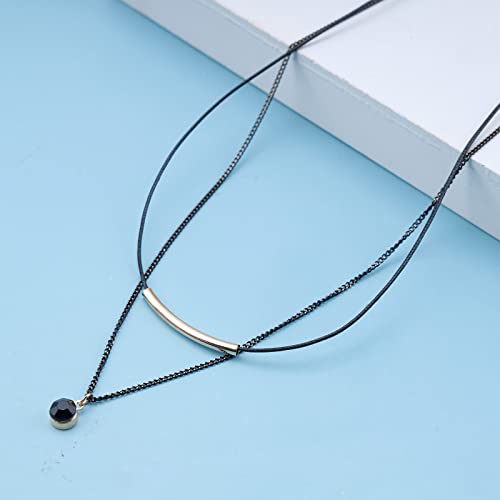 Aneneiceera Punk Layered Black Choker Necklace Round Black Crystal Pendant Necklace Gold Tube Bar Necklace Vintage Leather Necklace Chain Jewelry for Women and Girls - Image 3