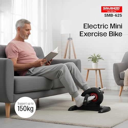 Image of Sparnod Fitness SMB-625 Electric Mini Exercise Bike, Portable Pedal Exerciser with Remote Control, LCD Display for Time Speed Distance Calories, Quiet Motor, Forward & Reverse Motion, 150kg Capacity