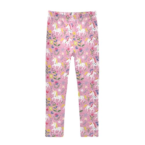 Hand Drawn Cartoon Unicorn Flower Girls Leggings Kids Yoga Pants Athletic Tights Pants 4-10 Years