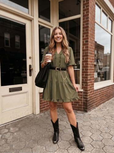 Image of Dokotoo Womens Summer Dresses 2026 V Neck A Line Short Sleeve Casual Ruffle Babydoll Mini Dress