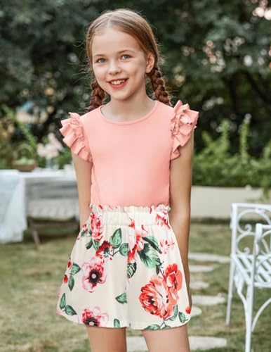 Image of Arshiner Girls 2 Piece Outfits Summer Clothes Ruffle Short Sleeve Shirts Top and High Waist Paper Bag Shorts Set with Pockets