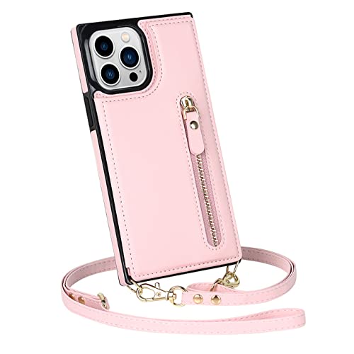 Étui portefeuille en cuir rose pour iPhone 12 Pro avec porte-carte et bandoulière
