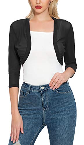 Tandisk Women's 3/4 Sleeve Shrug Open Front Cardigan Bolero Jacket Black L