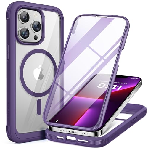 Miracase Magnetic for iPhone 13 Pro Max Case 6.7 inch, (Compatible with MagSafe) Upgrade Full-Body Clear Phone Bumper Case with Built-in 9H Tempered Glass Screen Protector, Magnetic Purple