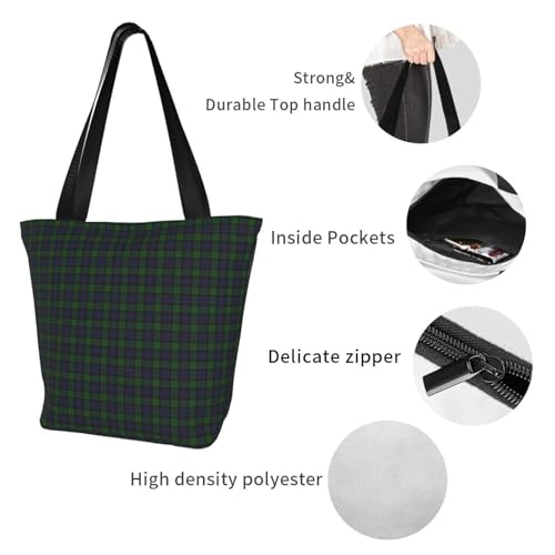 Black Watch Tartan Plaid Reusable Zippered Shoulder Bag, Stylish Polyester Tote With Wide Handle & Inner Pocket, Lightweight Durable Shopping & Travel Bag3
