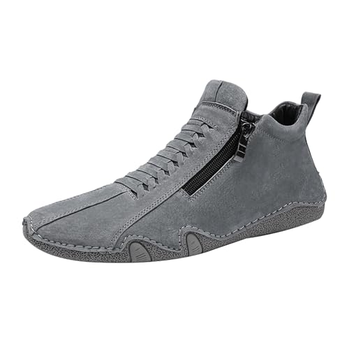 Zapatillas de deporte para hombre, con cremallera, piel, suela plana, zapatillas de deporte, ligeras, antideslizantes, para senderismo, entrenamiento, correr, gris, 39 EU