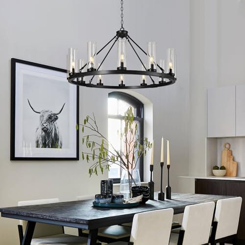 Image of 12 Light Black Chandelier Wagon Wheel Chandelier with Clear Glass Shade Round Industrial Pendant Lighting Fixture for Stair Living Room Foyer Kitchen
