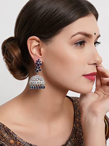 Image of Karatcart Women Silver Plated Blue American Diamond Studded Jhumki Earrings