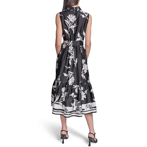 Image of Karl Lagerfeld Women's Sleeveless Mock Neck Printed Scarf Twill Boarder Print Midi Dress