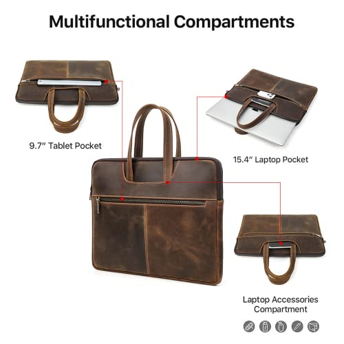 Image of Top Grain Leather 15.4 inch Slim Laptop Briefcase Handbag, Vintage Design with 5 Pockets, Handmade, Compatible with MacBook Pro /Air 13.3 inch /14.2 inch /15.4 inch /16 inch & other Laptop /Tablet, Coffee 15.4 Inch