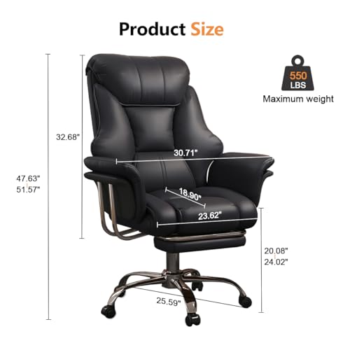 Image of Big and Tall Office Chair Wide Seat Ergonomic Leather Executive Desk Chair with Leg Rest, Heavy-Duty 550 lbs Adjustable Height Computer Gaming Chairs