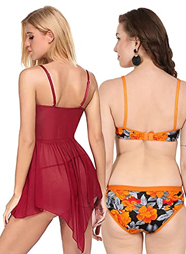 Image of Love Maker Lace Net Stylish Women Nightwear with Cotton Bra Panty Set for Women, Non Padded Bra Panty Set for Women & Night Wear Honeymoon Nighty for Women.