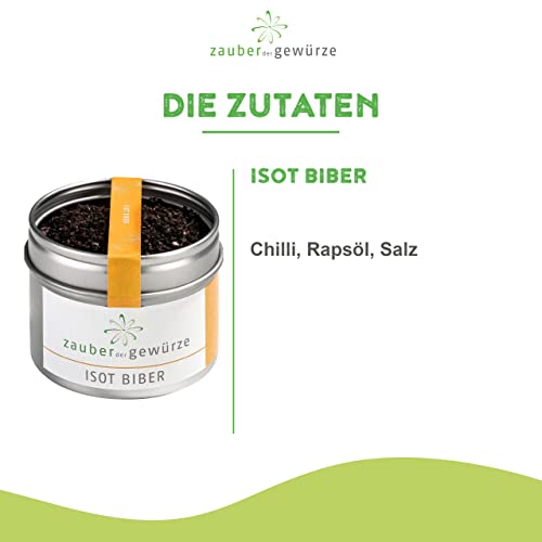 Zauber der Gewürze Isot Biber, Isot Chili, Isot Paprika, Urfa Biber für türkische Gerichte mit Hackfleisch und Gemüse sowie Cig Köfte, Top-Qualität in wiederverschließbarer Aroma-Dose, 50 g