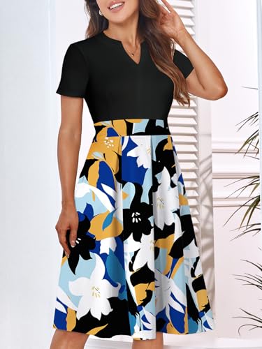 Image of YATHON Womens Elegant Print Notched Neck Slant Pocket Pleated Hem Casual A-Line Dress