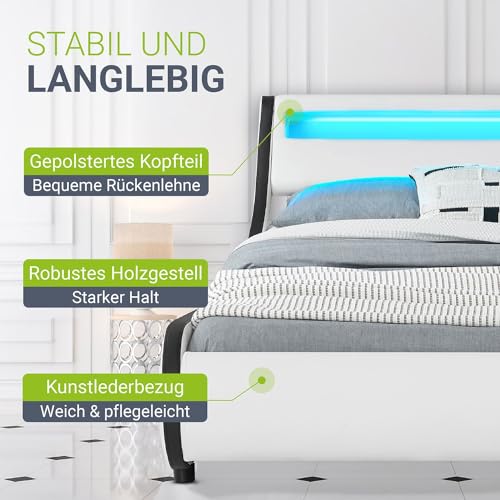Polsterbett Valencia 140×200 cm mit LED Beleuchtung und Lattenrost