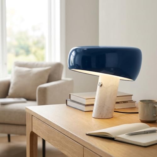 BARCELONA LED Lampada da Tavolo Moderna Blu con Base in Marmo Bianco, Design Classico e Lussuoso per Scrivania, Comodino o Soggiorno, Stile Retrò Elegante, Piccola Luce Diretta E27, 28cm
