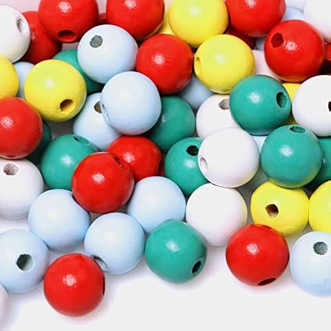 100 Wood Beads for Garlands, 16mm Assorted Colors Wooden Loose Beads for DIY Crafts Jewelry Making, Farmhouse Wooden Beads for Home Decor (White/Red/Yellow/LightBlue/Green) Cover