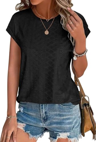 SOADKP Damen Tops Sommer Oberteile Elegant Kurzarm t Shirts Spitze Casual Bluse Tunika(schwarz/XXL)