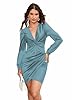 TDiooCor Womens Sexy V Neck Classy Party Pencil Slit Formal Dresses Ruffle Elegant Midi Cocktail Dress Long Sleeves Seablue #4
