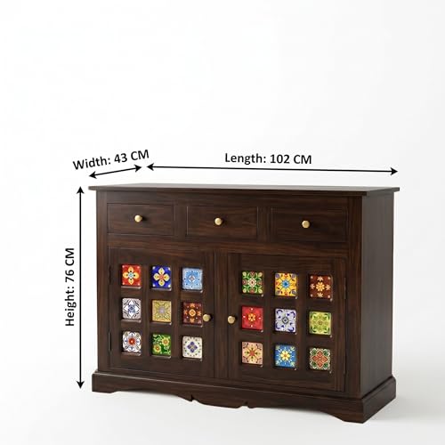 Image of SONA ART & CRAFTS Mini Tile Solid Sheesham Wood Sideboard Cabinet Storage Organizer with 2 Door & 3 Drawer Cabinet for Home Living Room & Bedroom Multi Shelves Cabinets Hallway Dinning (Walnut Finish)