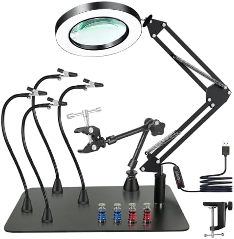 Dritte hand Löten, Magnetische Löthilfe Helfende Hand mit 10X Lupe Licht, Lötstation mit 4 PCB-Säulen 4 flexibel Arme und 1 Mechanischer Tragarm, Löthilfe für Schweißer, Schmuckher