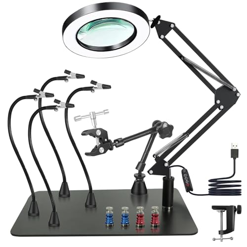 Troisième main - Aide à la soudure magnétique avec loupe 10X - Station de soudage avec 4 colonnes PCB - 4 bras flexibles et 1 bras de support mécanique -...