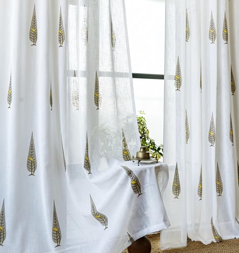 Image of Tranquebar Curtain Co. Sheer Curtains 7 Feet Long Set of 2, Linen Textured Sheer Fabric, 20-30% Light Filtering, Yellow Bird Print, White Sheer Curtains 7 Feet, BackTabs, Tori (213 cm) - Set of 2