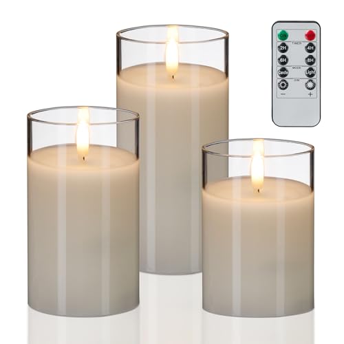 Relaxdays Bougies LED en Verre, 3 pièces, télécommande, minuterie, Flamme vacillante, Cire véritable, sans Flamme, Blanc