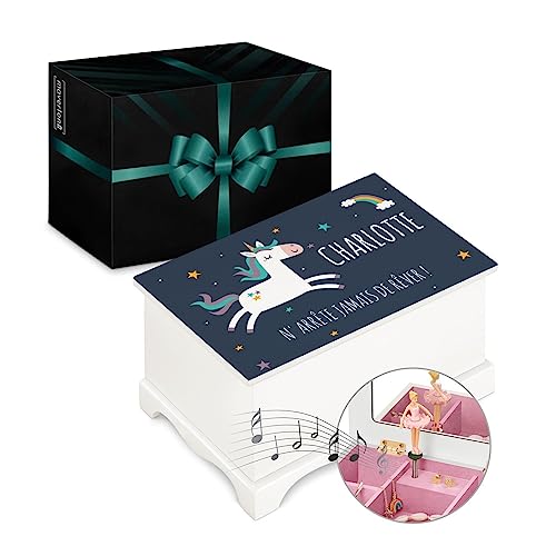 Maverton Boîte à Musique avec personnalisation pour elle - Boîte à Bijoux Musicale décorative pour bébé - rangement bijoux pour fille - amie - pour anniversaire - Noël - Licorne