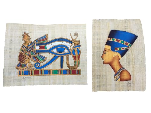 Lote de 2 papiros egipcios artesanales de Egipto, cuadro de Nefertiti y Ojo de Horus de 18x23 cm