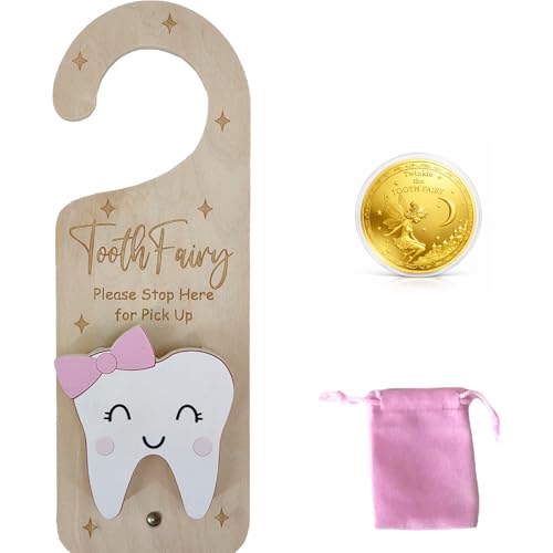 PAMBO Tooth Fairy Door Hanger Wooden Tooth Fairy Money Holder with Tooth Coins for Lost Tooth Kids Gifts (Pink)