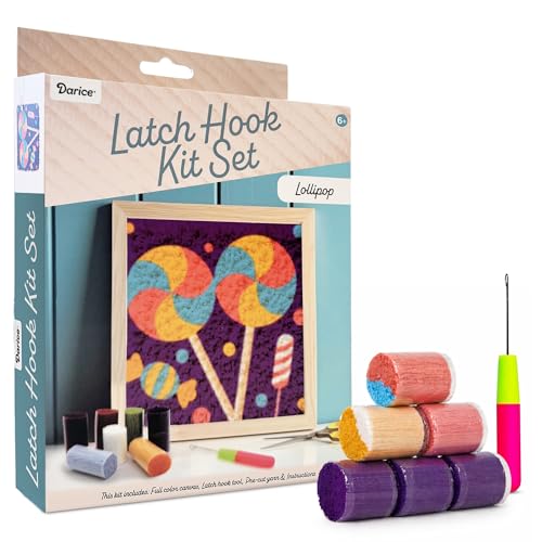 Image of Darice Latch Hook Rug Kit, Lollipop Design DIY Latch Hook Kit for Kids & Adults, Color Canvas, PreCut Yarn & Hook Tool, Craft Activity & Gift for Kids